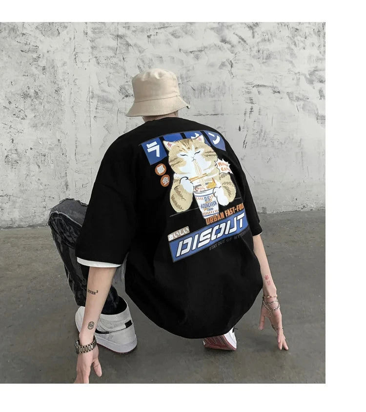 Harajuku Cat Cartoon Eating Noodles Graphic Men Women Tshirts Casual Short Sleeve Tees Japan Style Oversized T Shirt Clothing