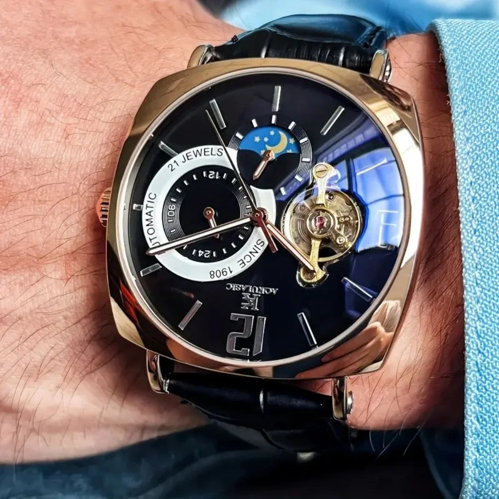 [Mechanical Men's Watch] Retro Mechanical Men's Watch | Elegant, Skeleton Dial, Hollow Design, Alloy Case, Synthetic Leather Strap | Business and Casual Wear, No Batteries Required