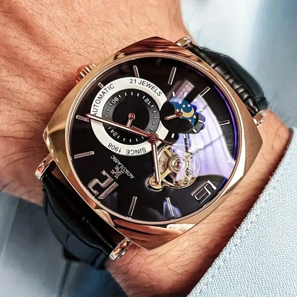 [Mechanical Men's Watch] Retro Mechanical Men's Watch | Elegant, Skeleton Dial, Hollow Design, Alloy Case, Synthetic Leather Strap | Business and Casual Wear, No Batteries Required