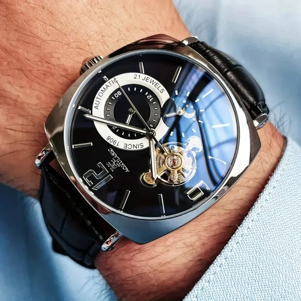 [Mechanical Men's Watch] Retro Mechanical Men's Watch | Elegant, Skeleton Dial, Hollow Design, Alloy Case, Synthetic Leather Strap | Business and Casual Wear, No Batteries Required