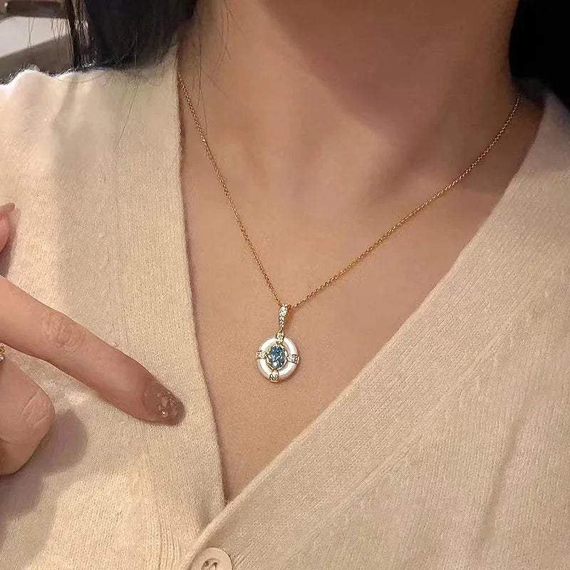 Classic blue jewelry sets dreamy aquamarine gem White Fritillaria ring necklace High quality palace style retro wedding gift