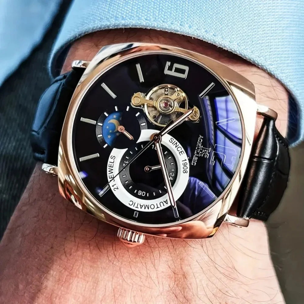 [Mechanical Men's Watch] Retro Mechanical Men's Watch | Elegant, Skeleton Dial, Hollow Design, Alloy Case, Synthetic Leather Strap | Business and Casual Wear, No Batteries Required