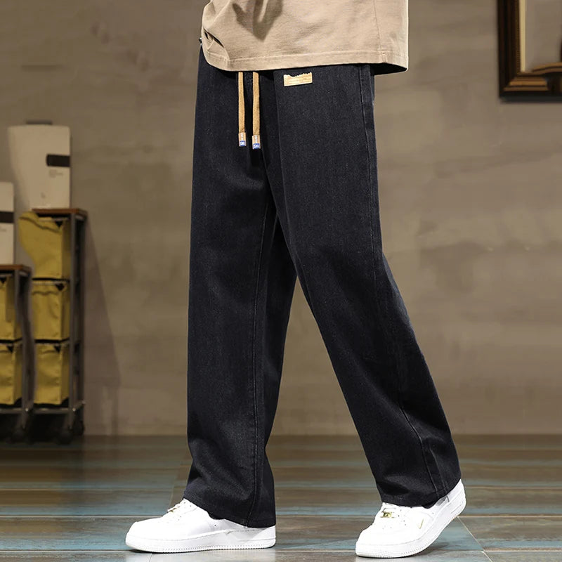 Men Straight Leg Blue Gray Loose Y2K Drawstring Jeans Streetwear Casual Wide Denim Pants Male Baggy Stylish Harajuku Trousers