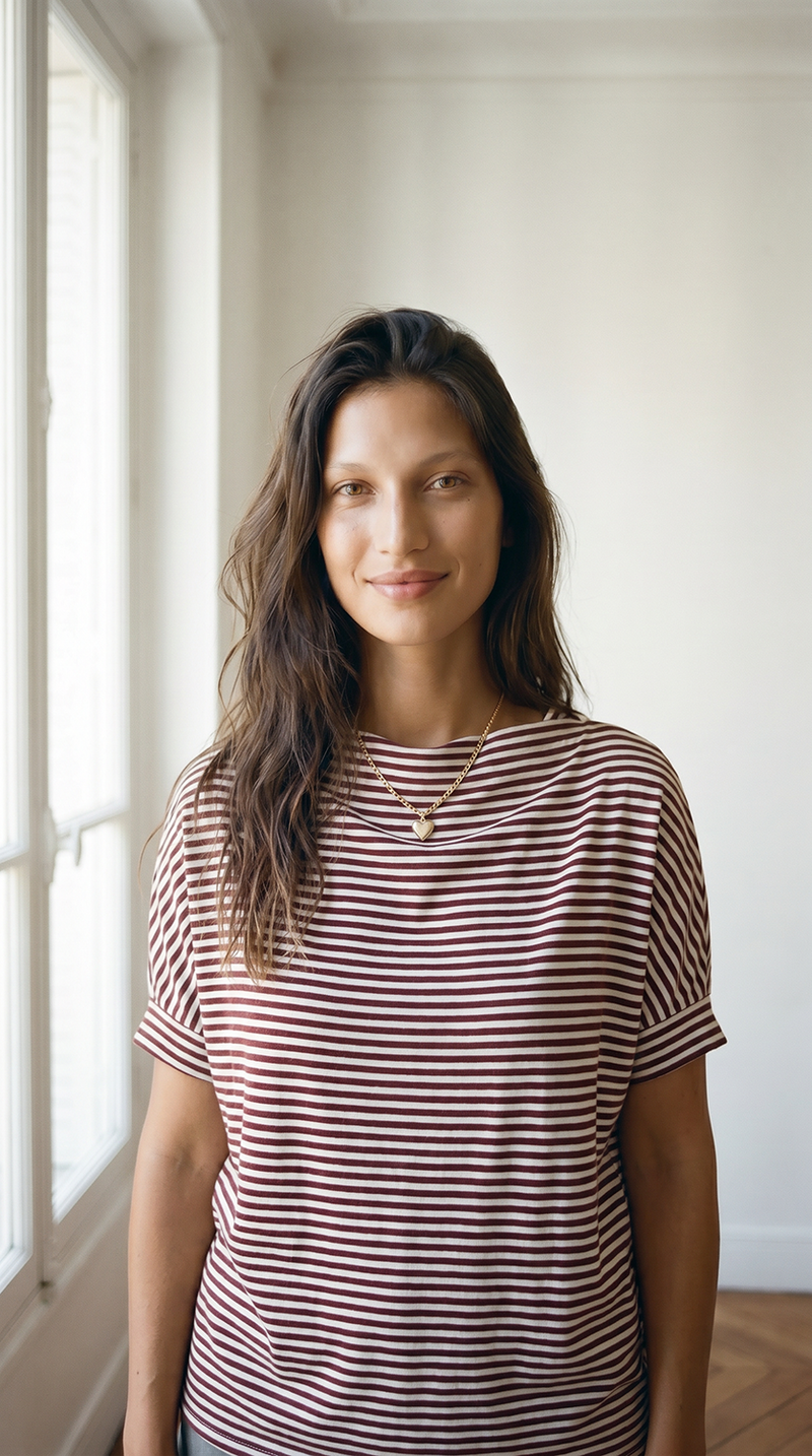 Romi striped burgundy tee front detail