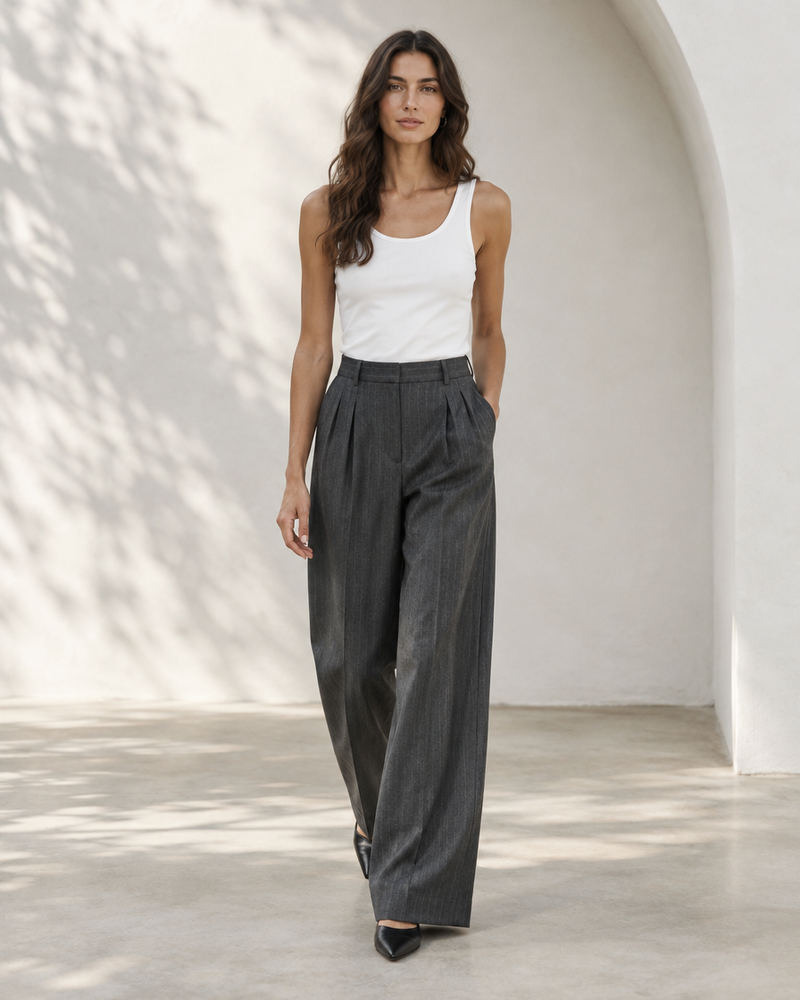 Charcoal Pinstripe Wide-Leg Trousers