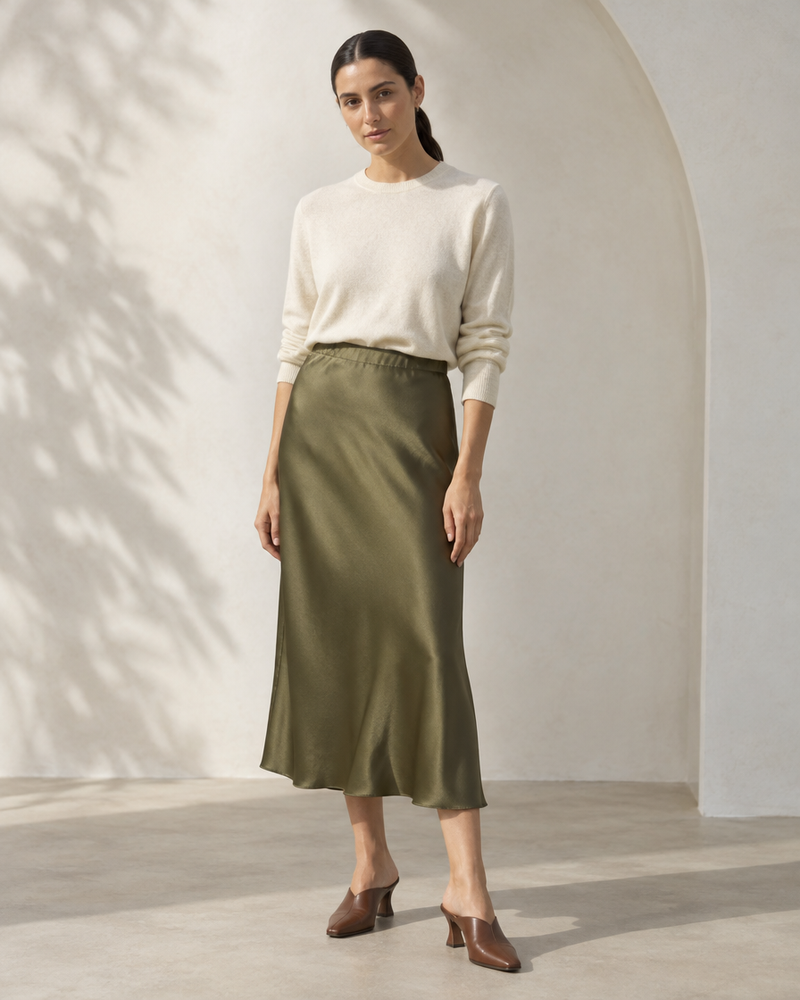 Olive Satin Bias Midi Skirt