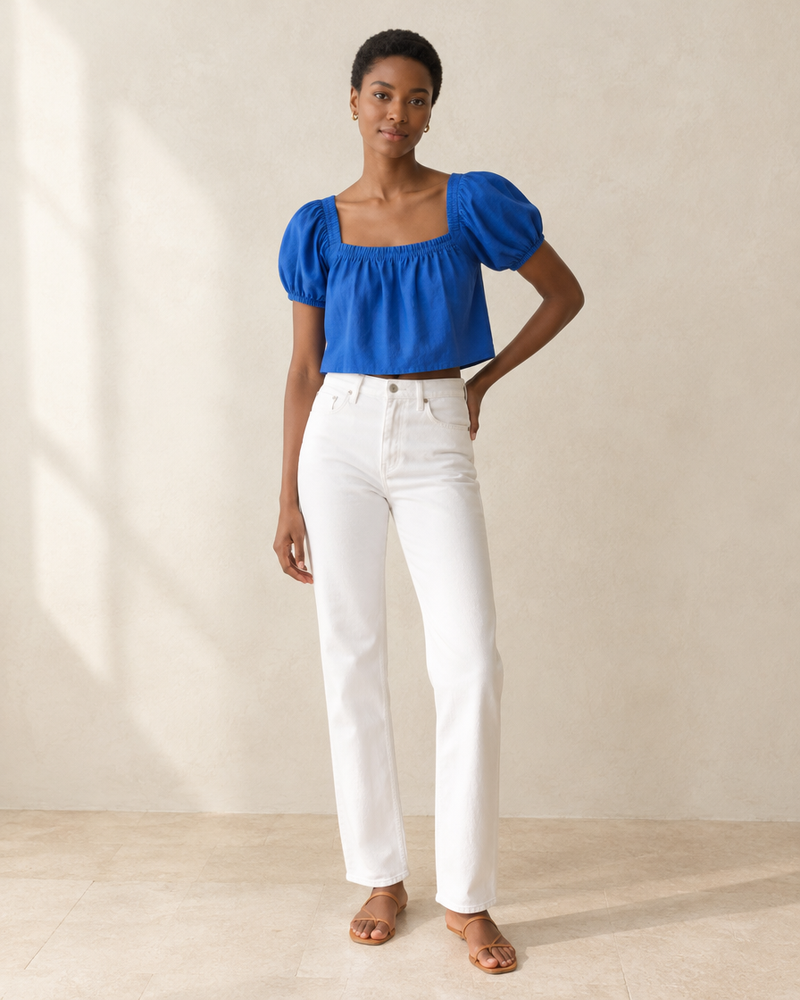 Cobalt Poplin Puff-Sleeve Blouse