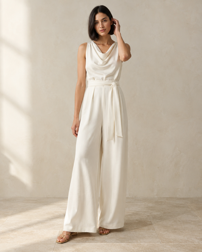 Ivory Draped Jersey Jumpsuit