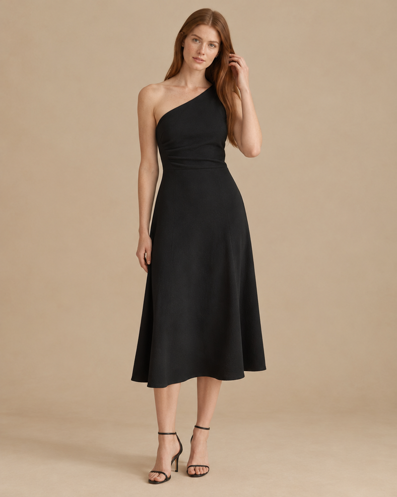 Black One-Shoulder Midi Dress