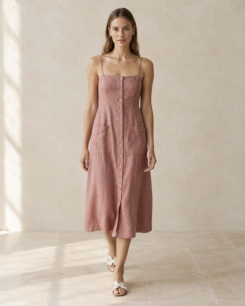 Dusty Rose Linen Button Midi Dress
