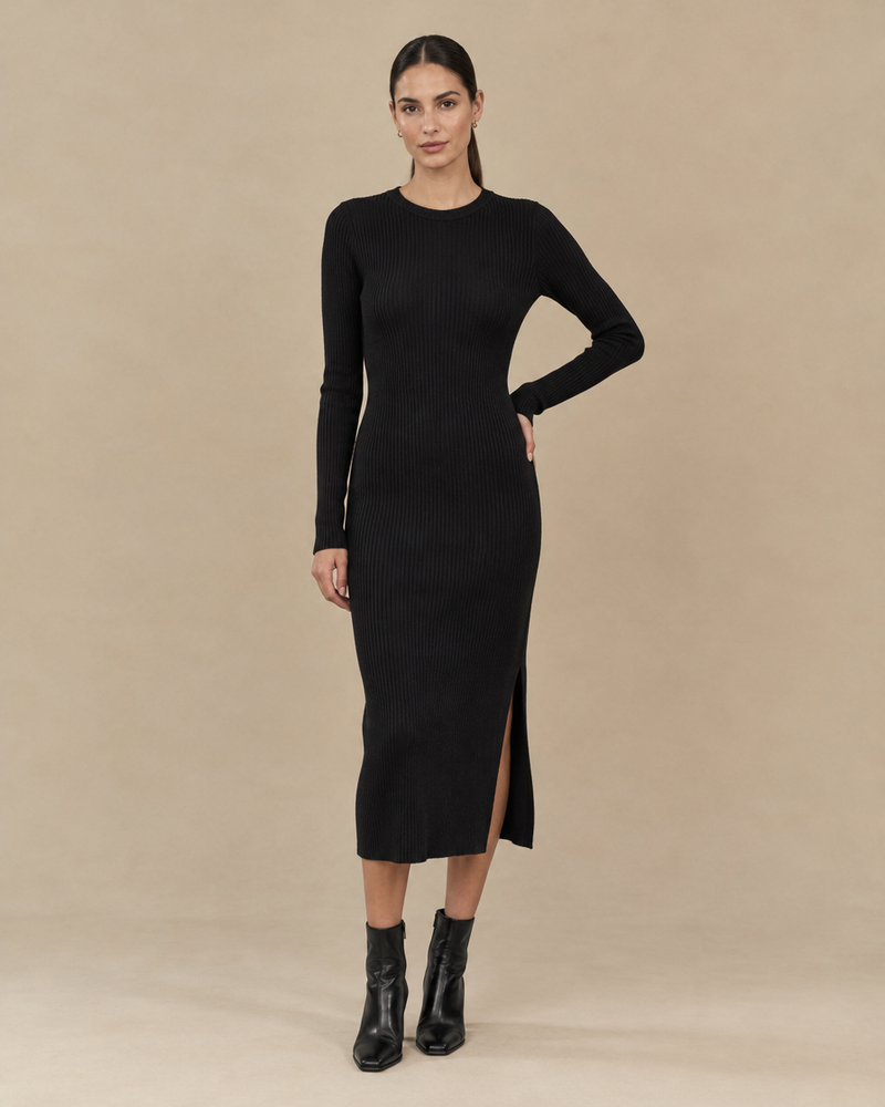Black Ribbed Knit Midi Dress