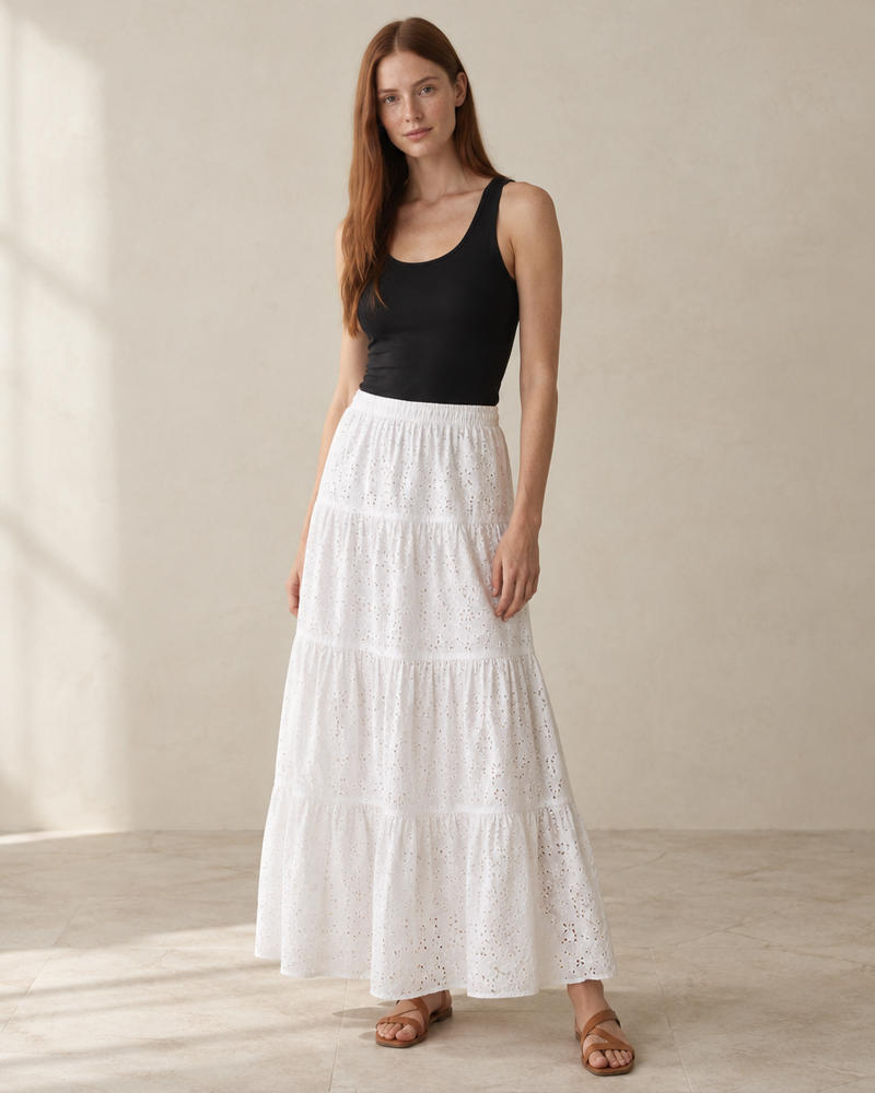 White Eyelet Tiered Maxi Skirt