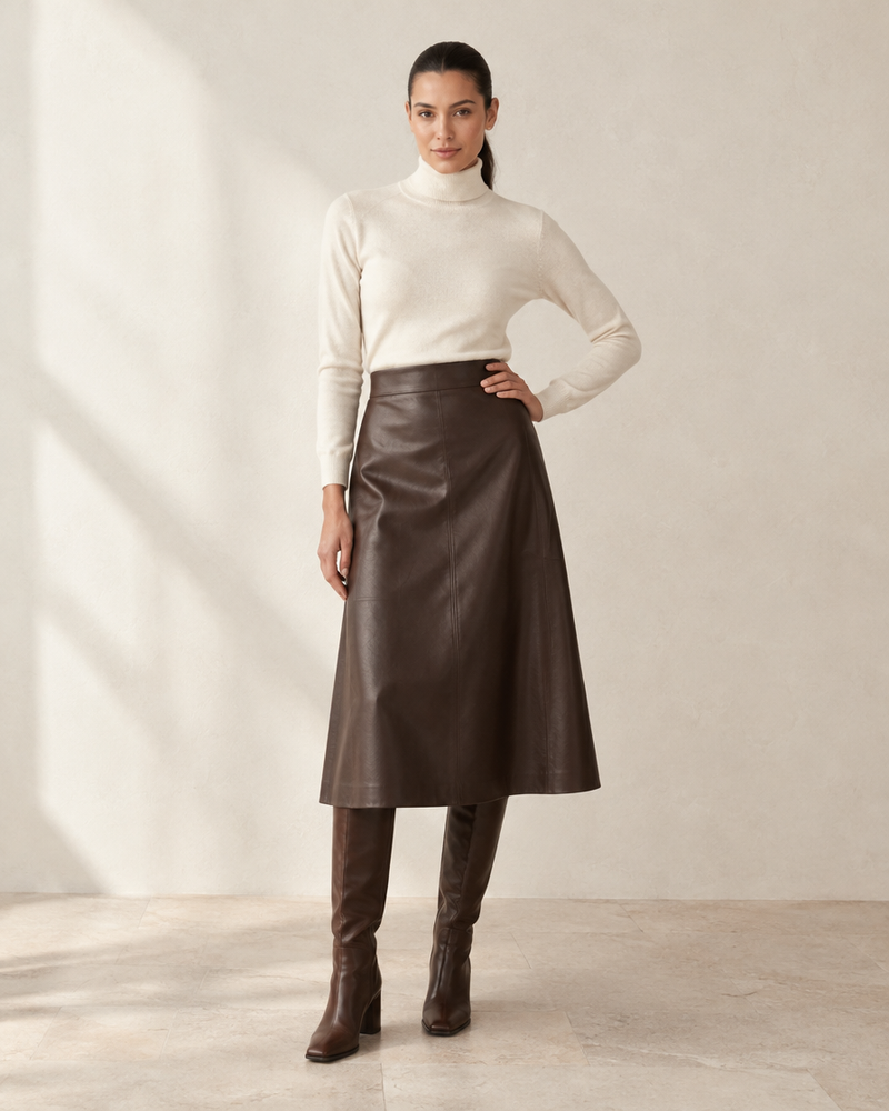 Chocolate Leather Midi Skirt