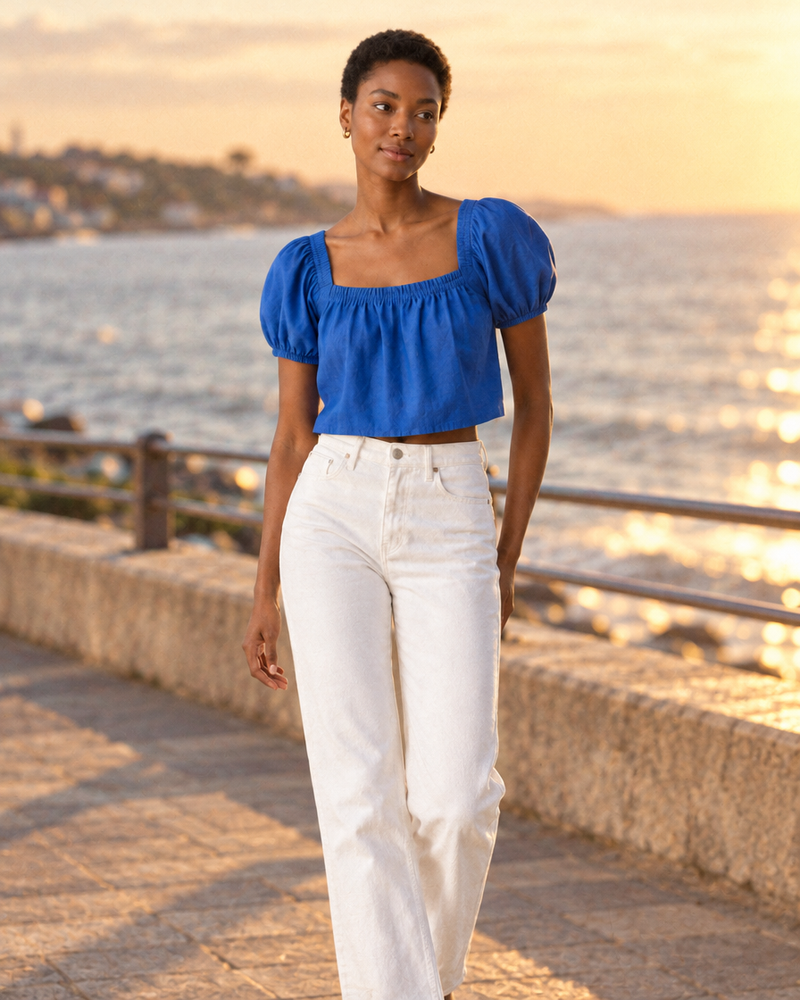 Cobalt Poplin Puff-Sleeve Blouse