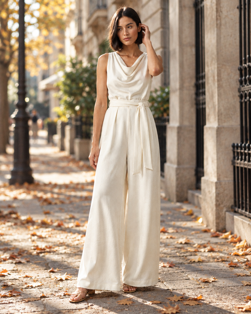 Ivory Draped Jersey Jumpsuit
