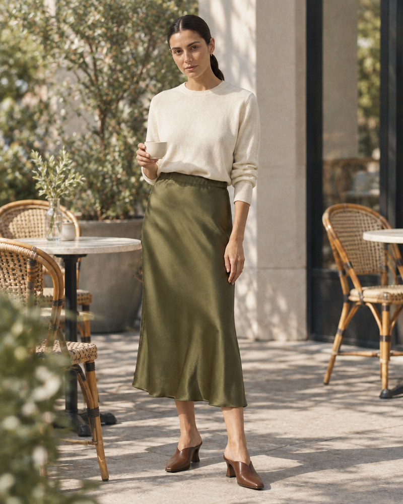 Olive Satin Bias Midi Skirt
