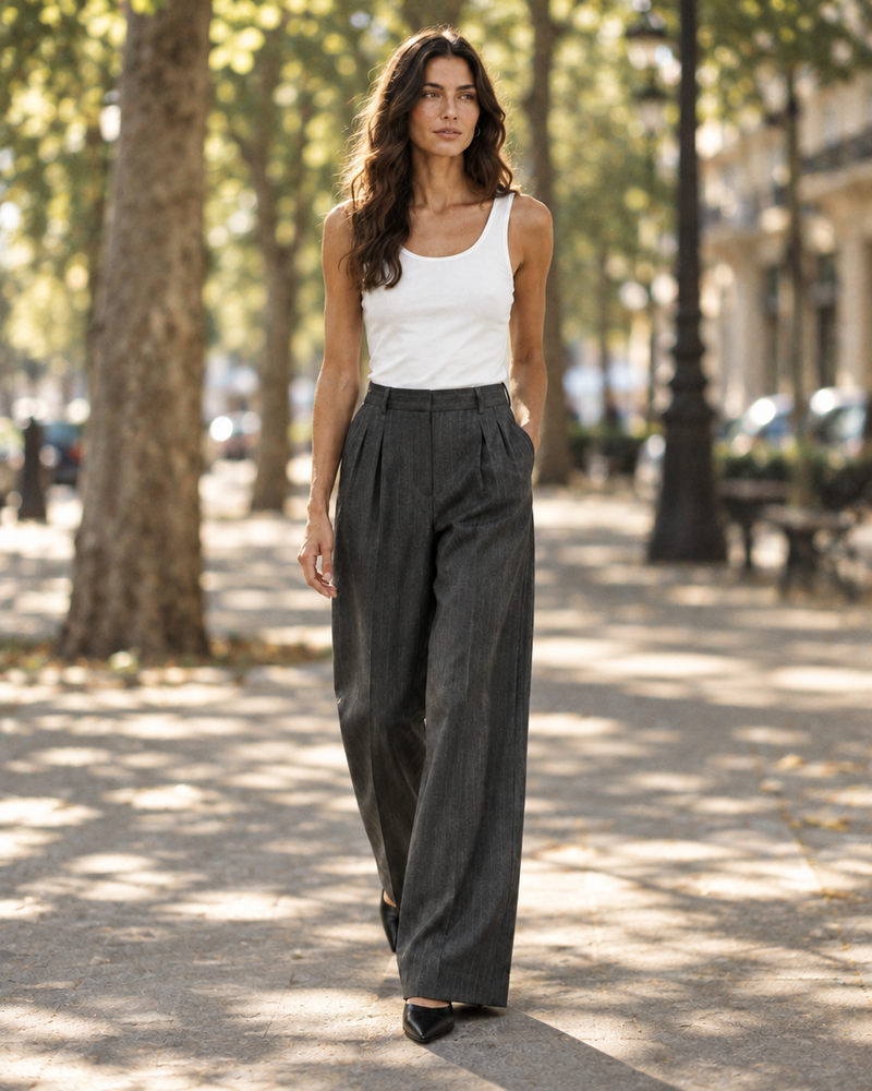 Charcoal Pinstripe Wide-Leg Trousers
