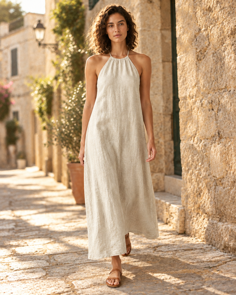 Ecru Linen Halter Maxi Dress