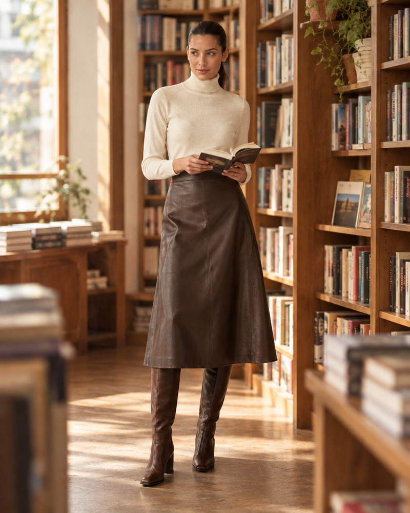 Chocolate Leather Midi Skirt