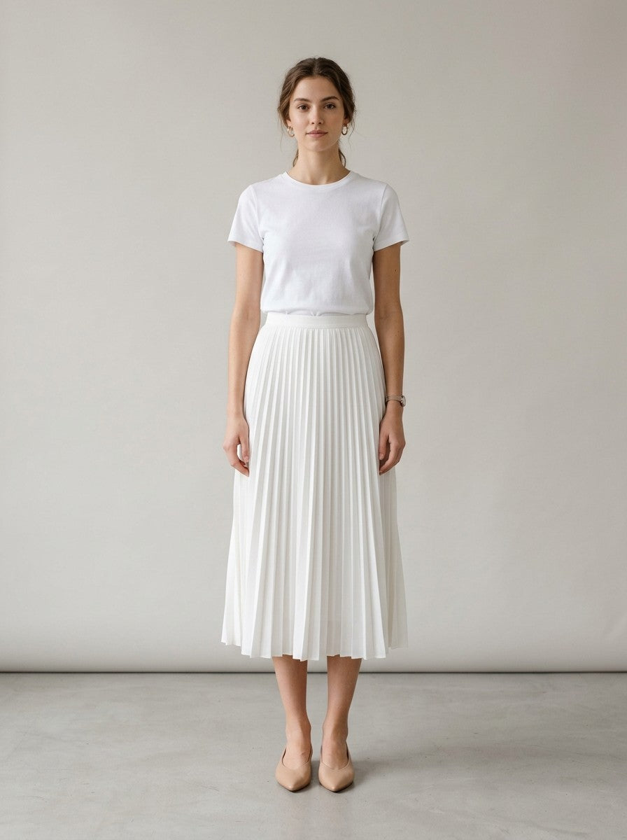 White Pleated Midi Skirt