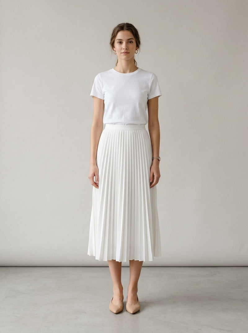 White Pleated Midi Skirt